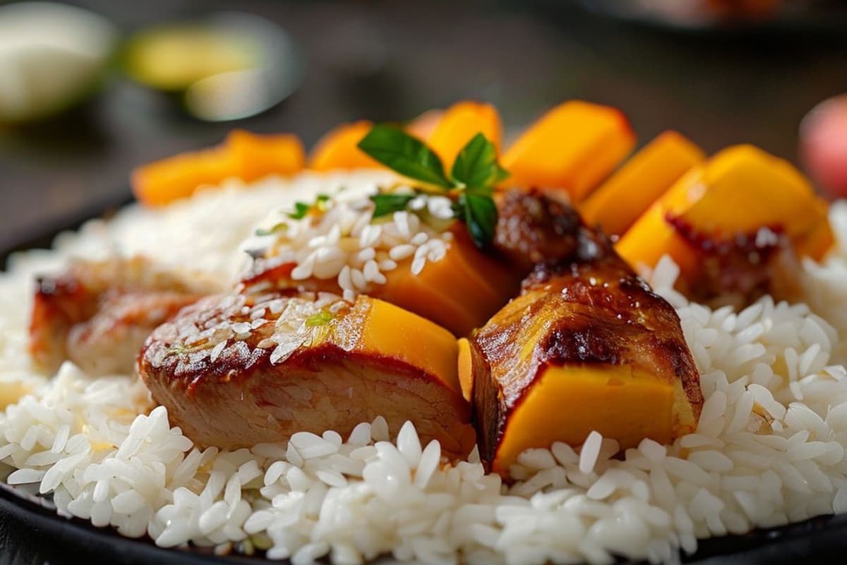 Kao Niew Mamuang con cerdo a la parrilla, arroz pegajoso y mango fresco