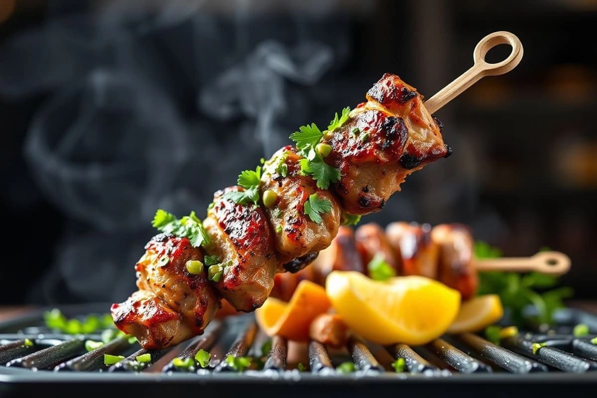 Kebab de cerdo a la parrilla con salsa de cilantro y piña