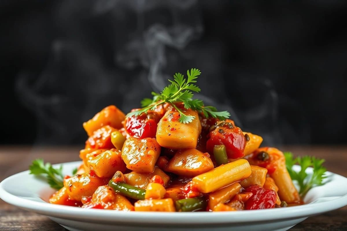 Kimchi de pollo al grill con verduras asadas y salsa de soja