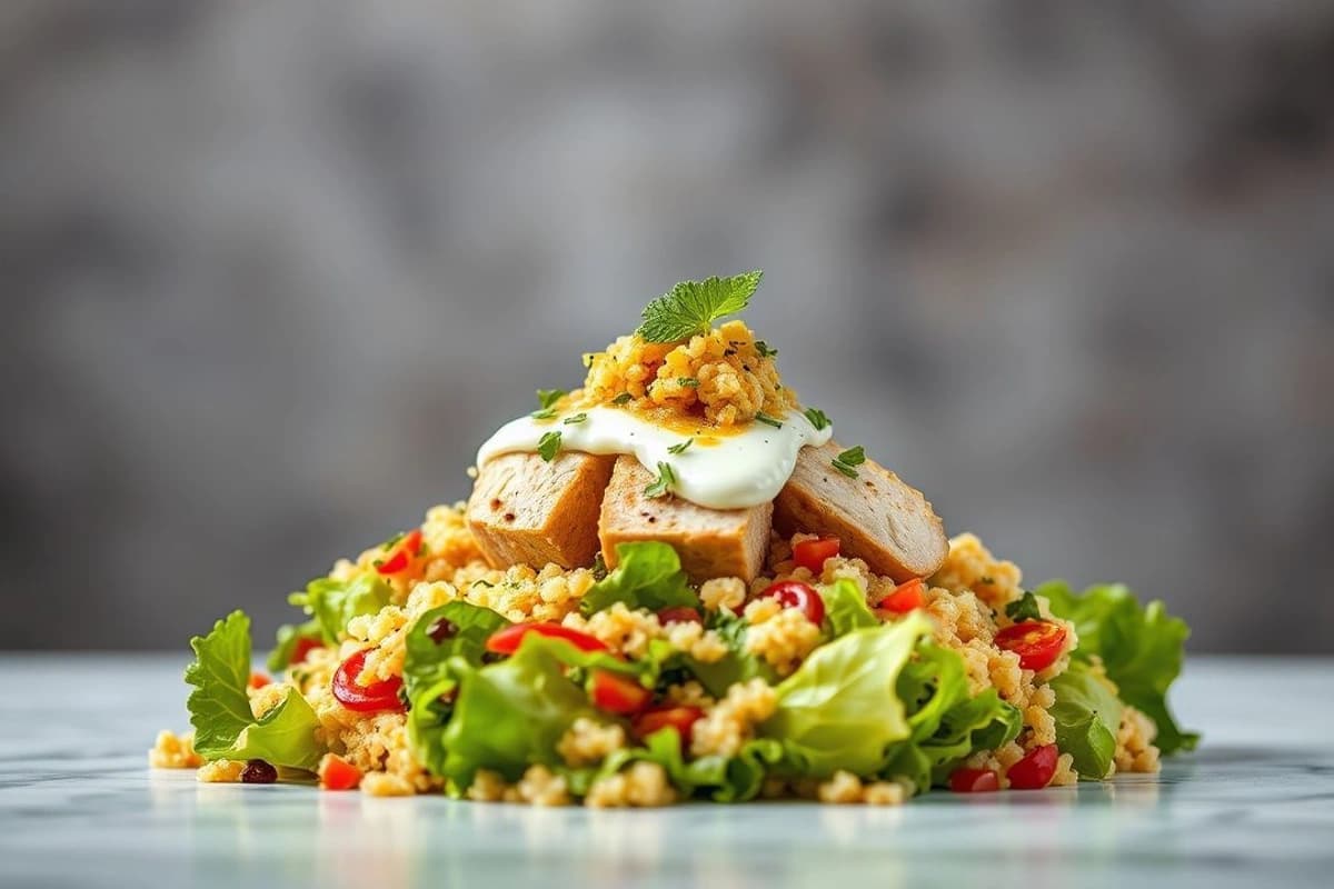 La Reina de la India Británica: Ensalada de Pollo con Tazón de Quinoa y Salsa de Yogur y Curry