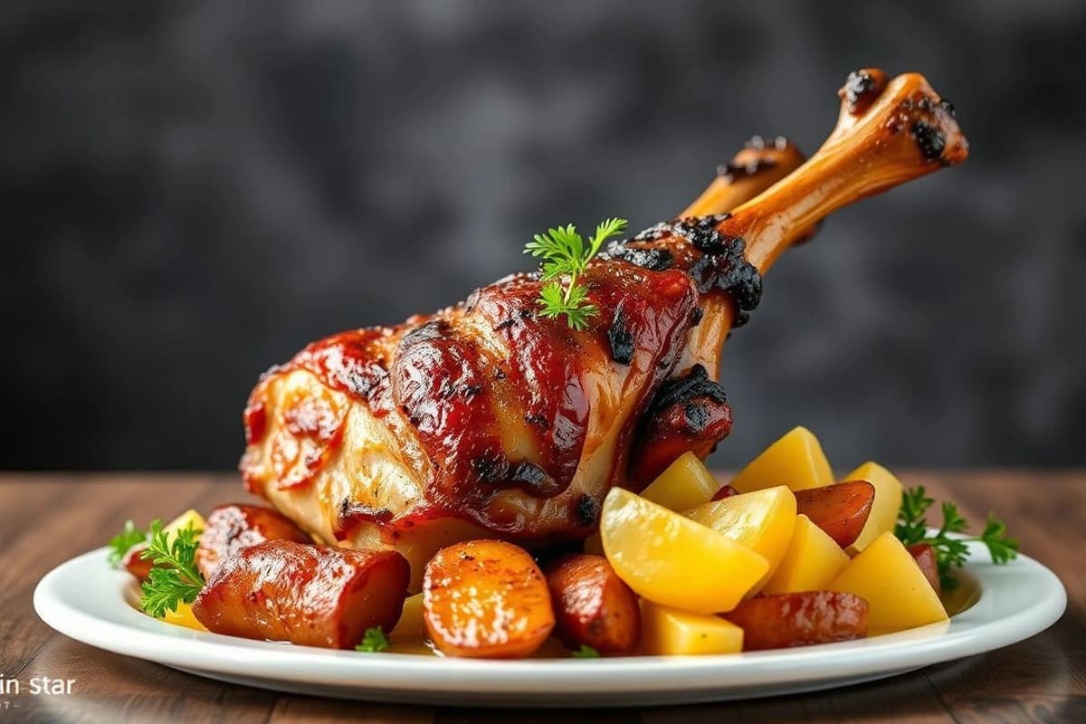 Lechón Asado Tradicional Portugués con Puré de Patatas y Ensalada Fresca