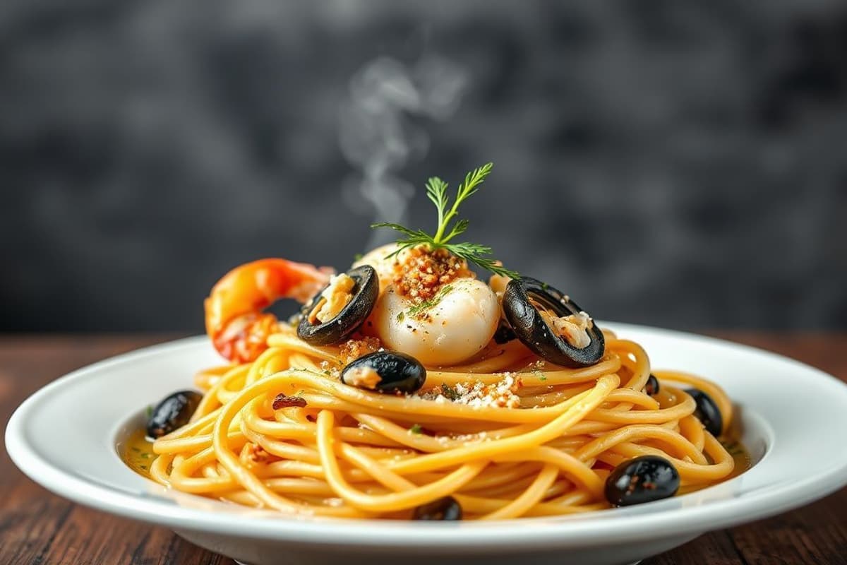 Linguine con mariscos a la parrilla y caldo de pescado casero