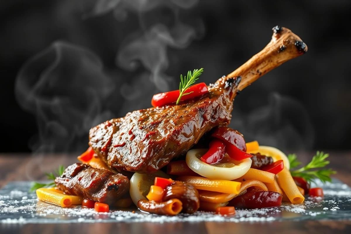 Lomo Saltado Alpino: Ternera a la Parrilla con Cebolla Crujiente y Pimiento Rojo Dulce