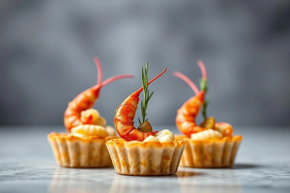 Mini tartas de langostinos con salsa de ajo y perejil fresco