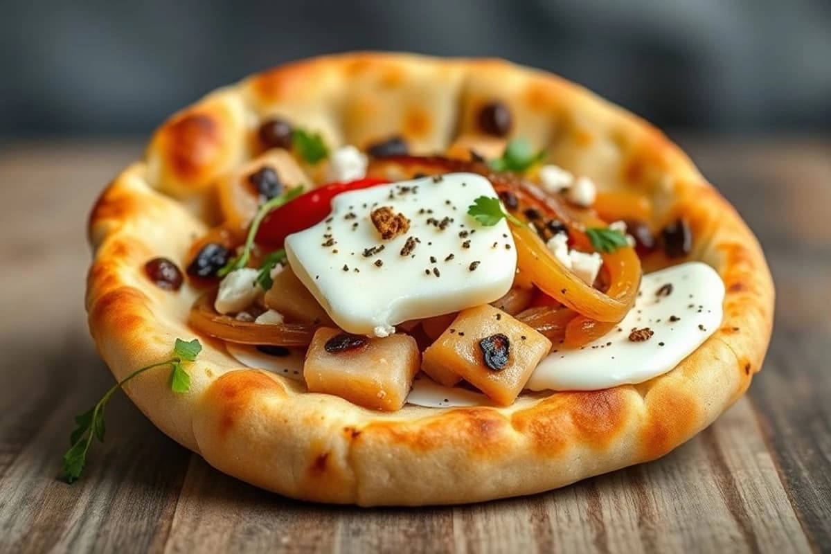 Naan de Cordero con Especias Aromáticas, Cebolla Caramelizada y Queso Fresco