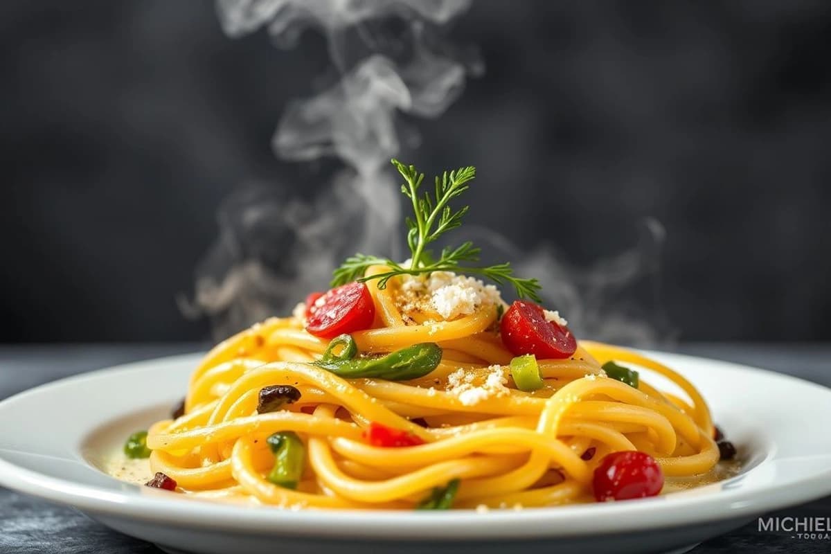 Pasta al vapor con verduras/guijarros, setas y champiñones: fusión de sabores y texturas