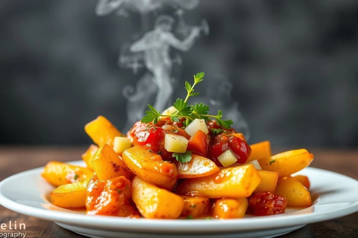 Patatas bravas al vapor con salsa romesco casera y ensalada de tomate y pepino fresco