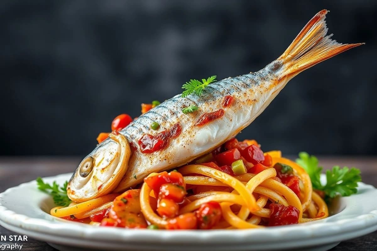 Pescado Azul a la Parrilla con Marinada de Soja y Jengibre, Salsa BBQ y Ensalada de Col