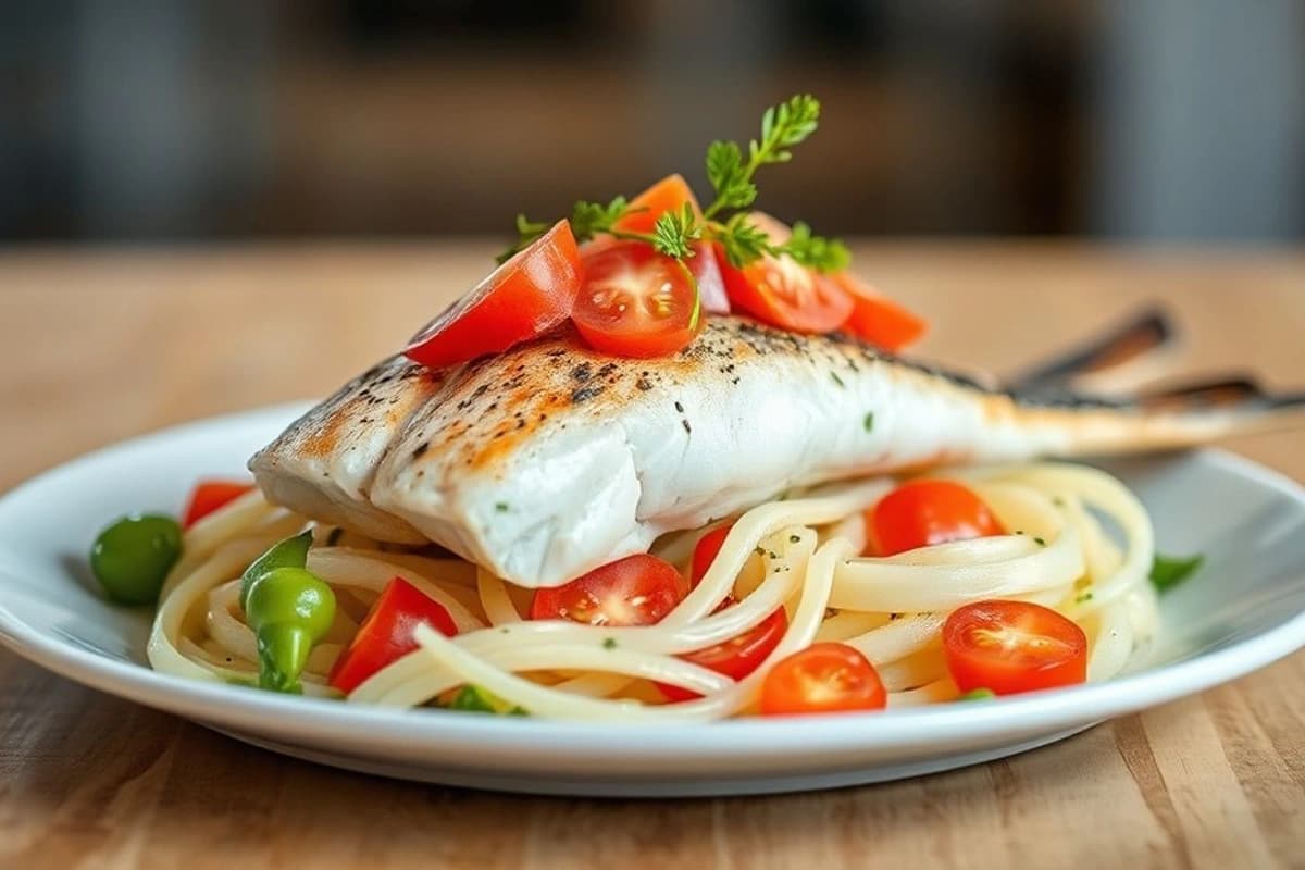 Pescado Blanco al Horno con Especias Libanesas y Ensalada de Pepino y Tomate Fresco