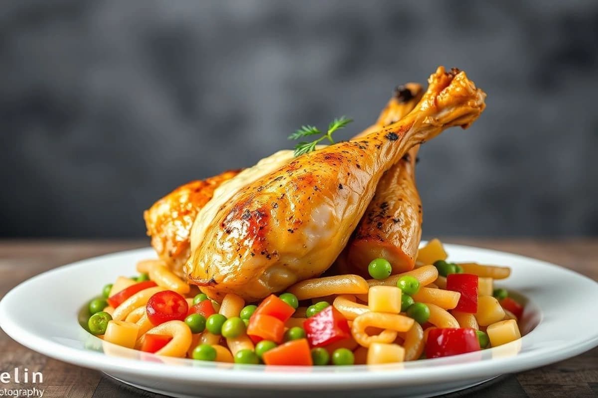 Pollo al vapor con alioli de ajo y perejil, servido con ensalada de repollo rojo y piña fresca