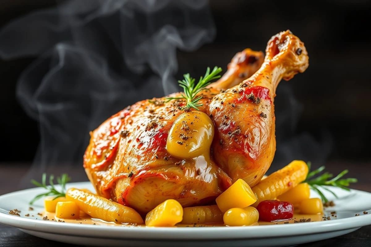 Pollo albardado con hierbas españolas y piña, asado en la parrilla hasta dorado y crujiente