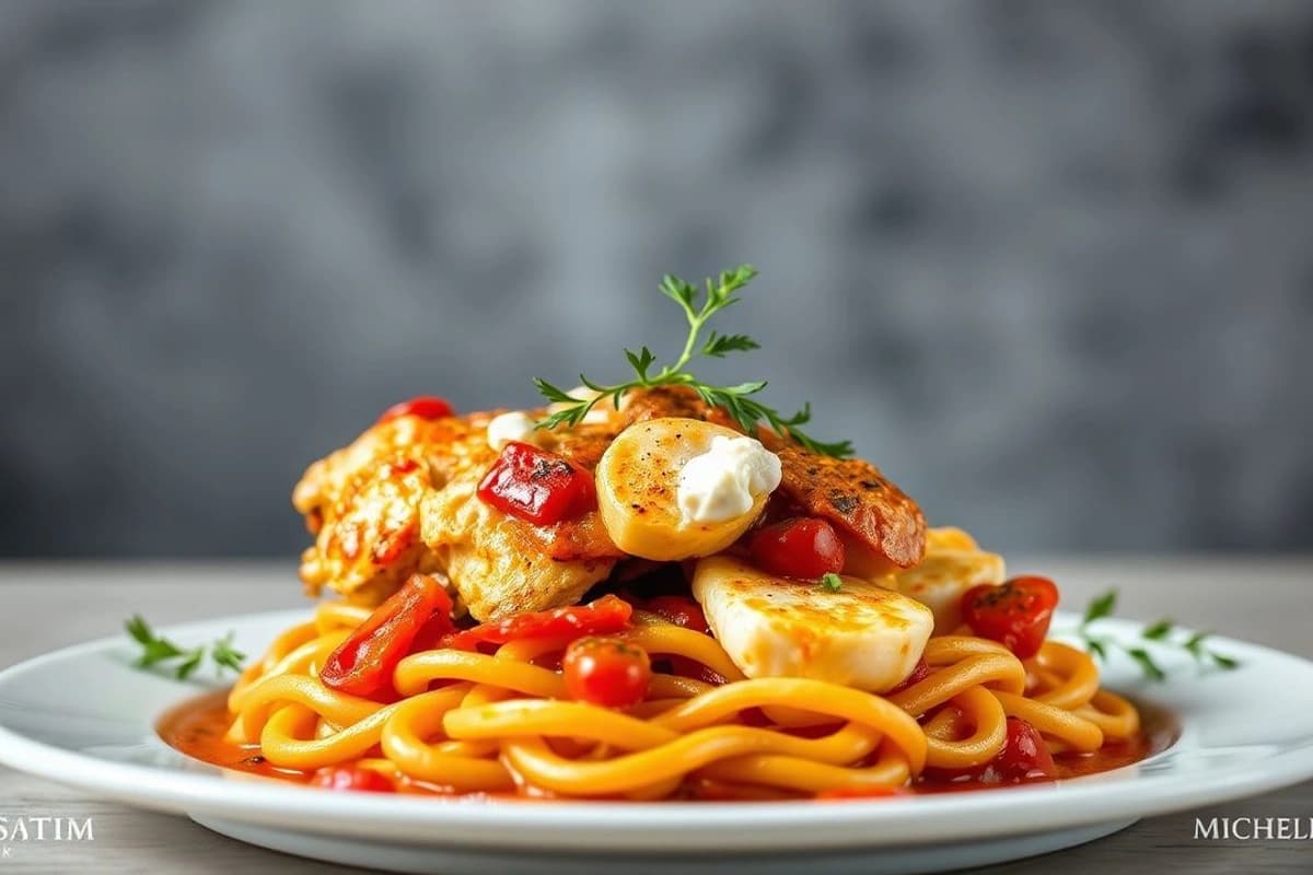 Pollo alla Cacciatora con Pescado Blanco y Setas en Salsa de Ricotta y Tomate