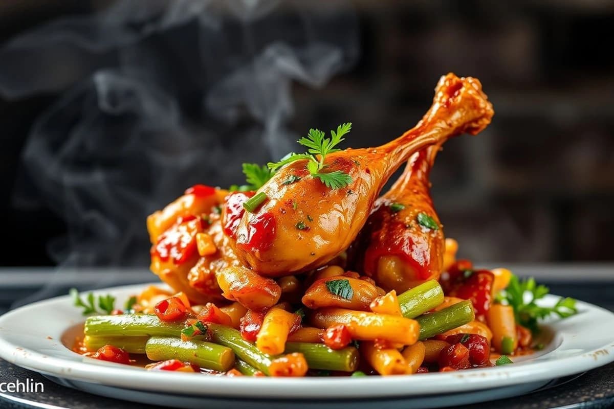 Pollo de Szechuan a la parrilla con verduras de hierba y salsa de soja casera