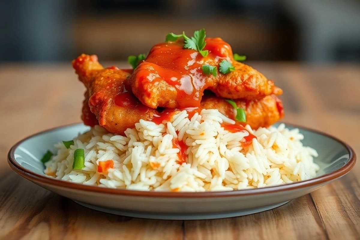 Pollo parrillero coreano con salsa Gochujang y arroz blanco tostado