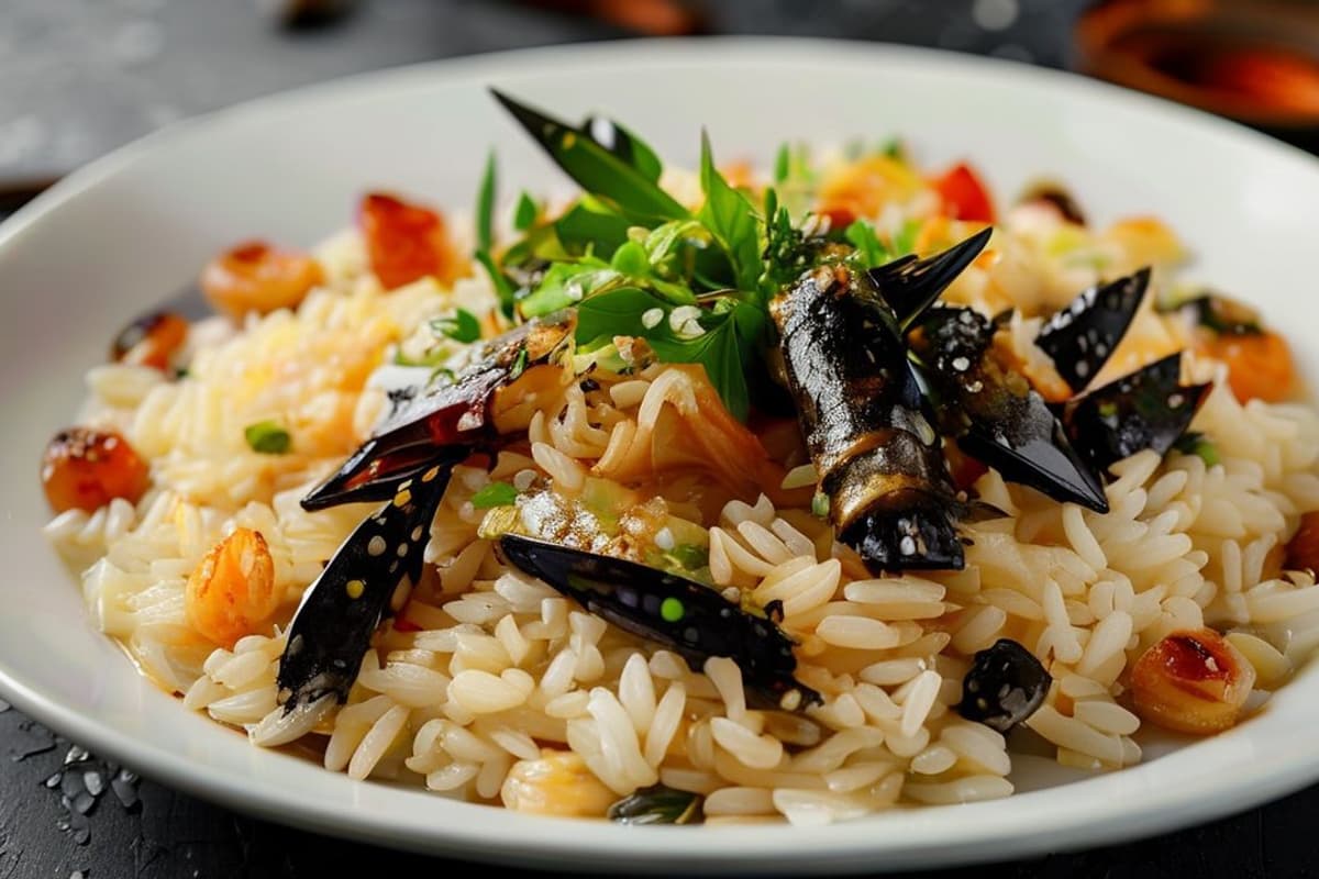 Risotto de Algas Marinas con Mariscos al Vapor y Langostinos a la Parrilla