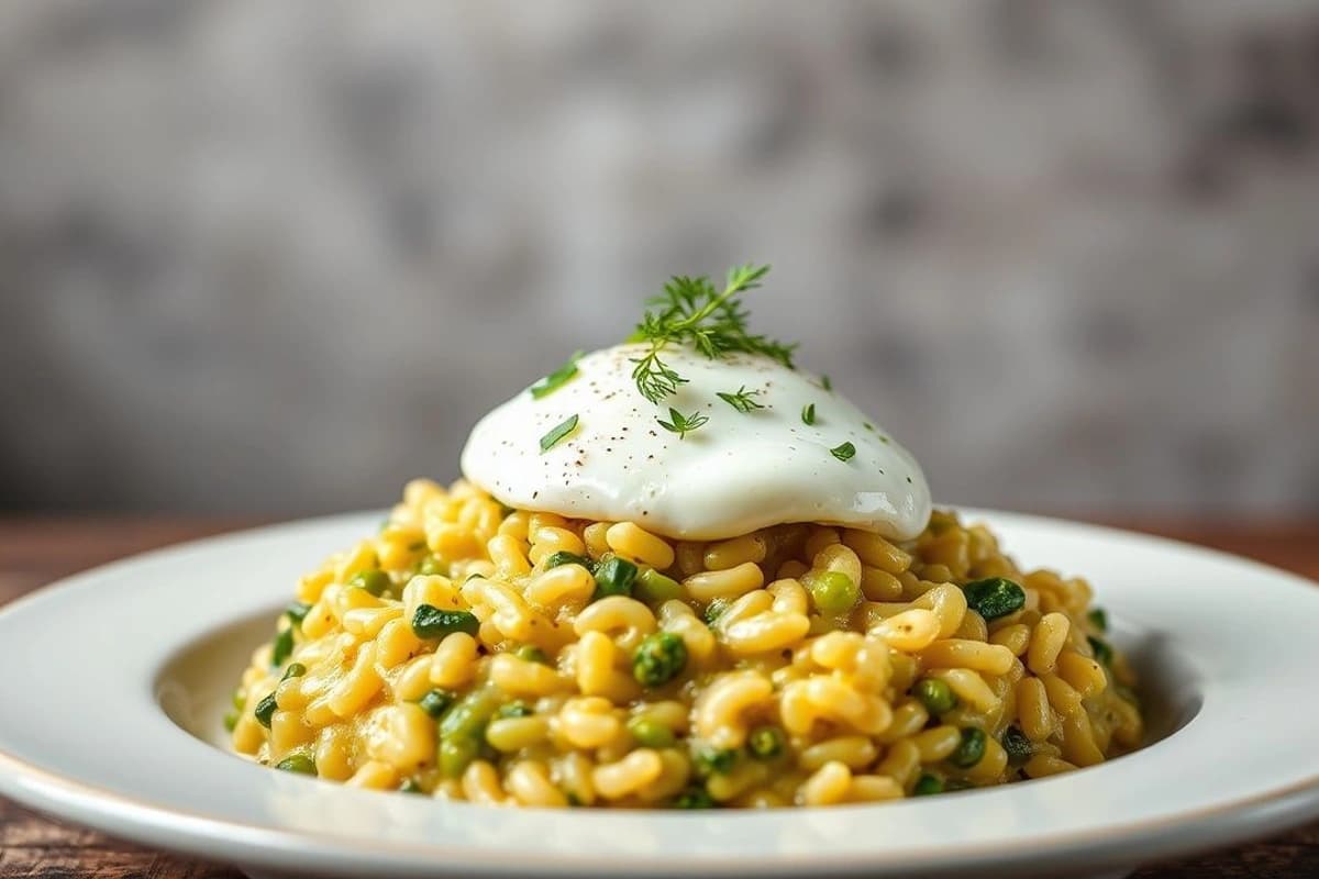 Risotto de lentejas verdes al horno con huevo poché y crema de queso de cabra