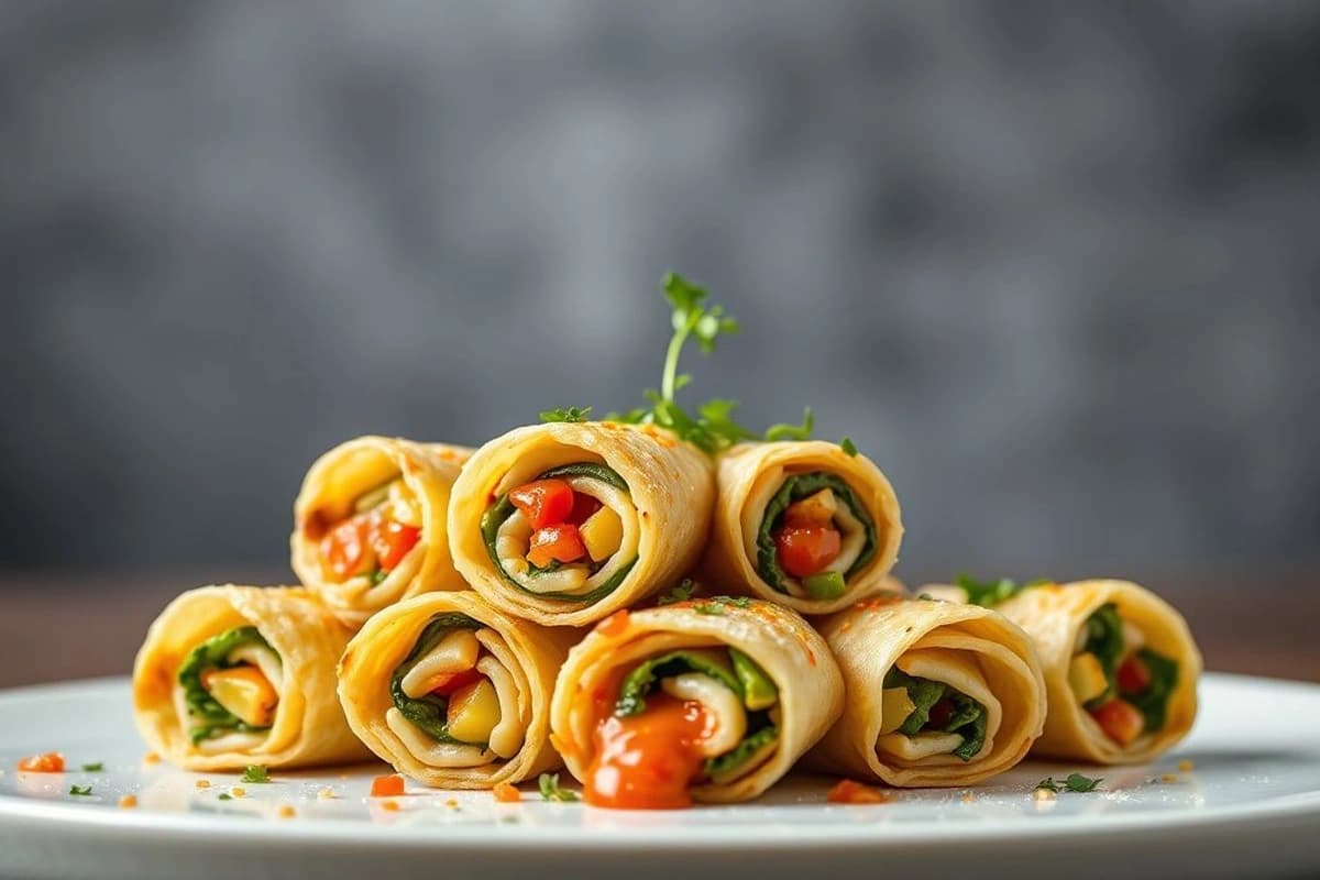 Rollitos de soja y verduras con salsa de aji amarillo y coliflor crujiente
