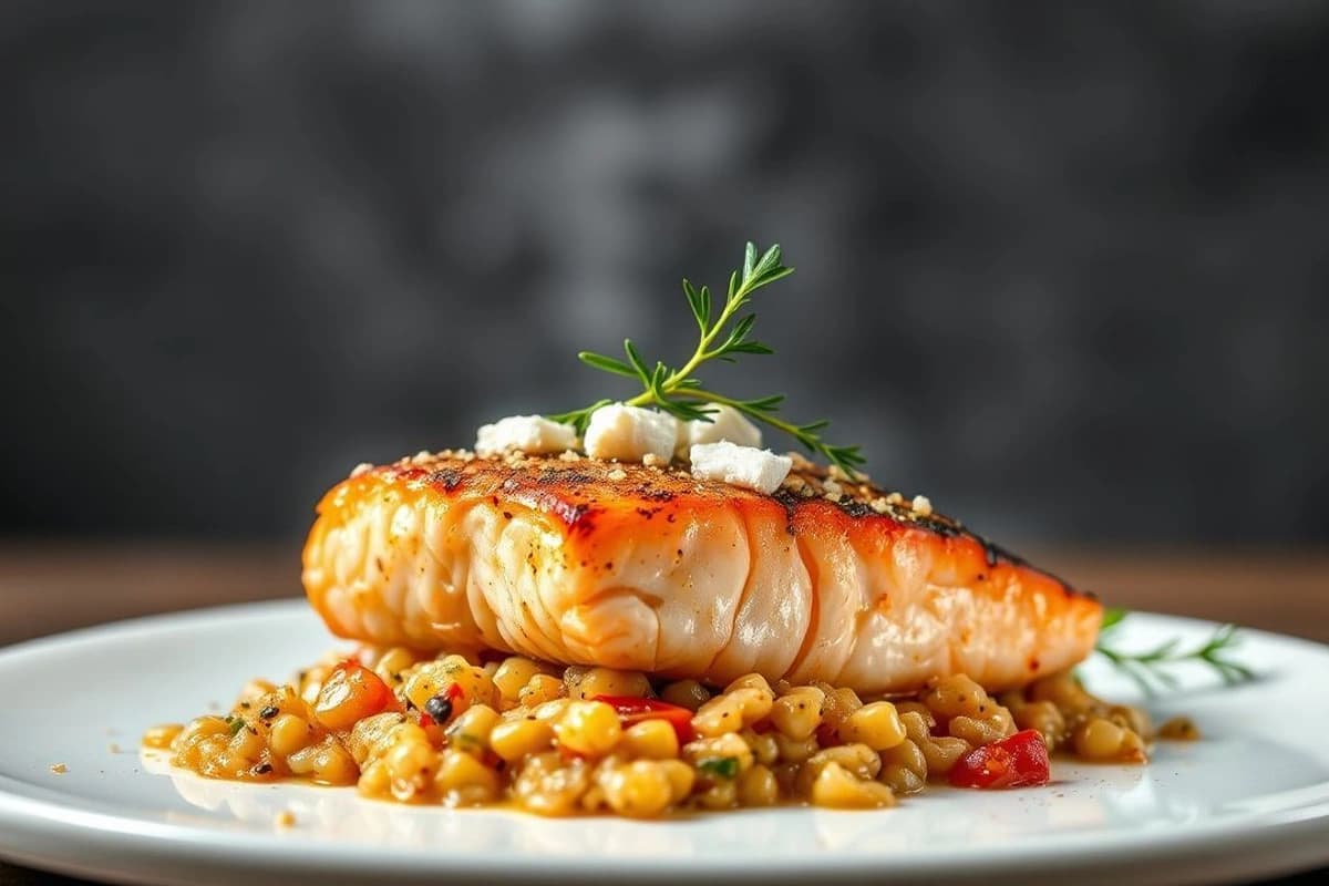 Salmon a la Parrilla con Salsa de Higos y Miel, Quinoa Tierna y Feta Crujiente