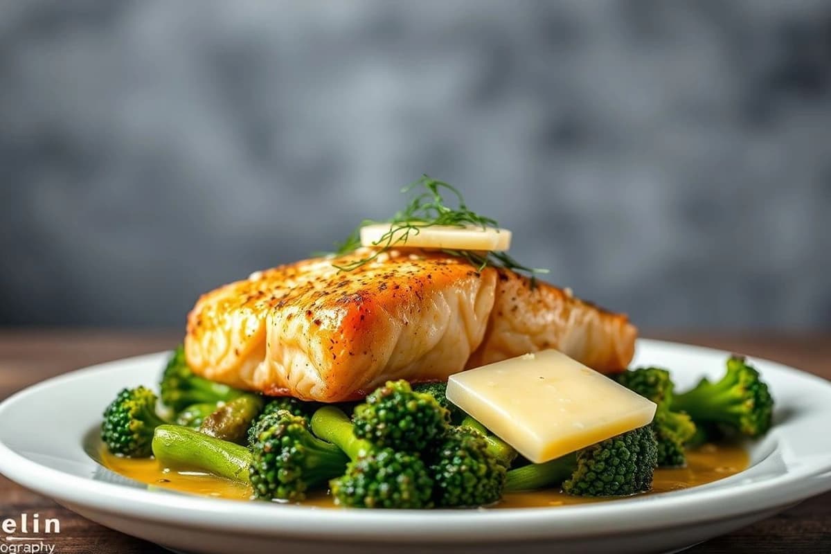 Salmón al Horno con Mostaza de Dijon y Limón, servido con Brócoli al Vapor y Queso Gruyère Rallado