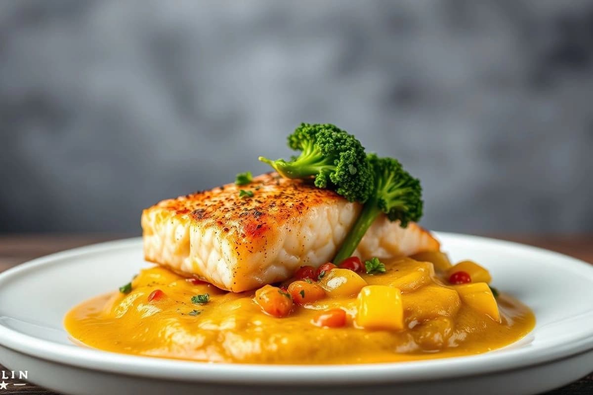 Salmón al Horno con Salsa de Mostaza y Perejil, servido con Puré de Calabaza y Brócoli al Vapor