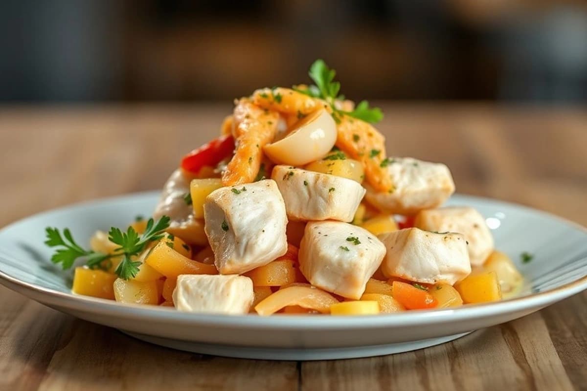 Salsa de pollo cremosa al vapor con champiñones y cebolla tierna