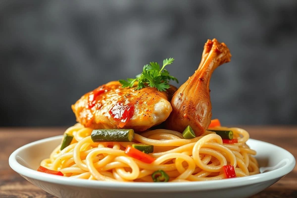 Samgye-tang de Otoño: Pollo confitado en salsa de soja y vegetales harvesting con fideos de arroz