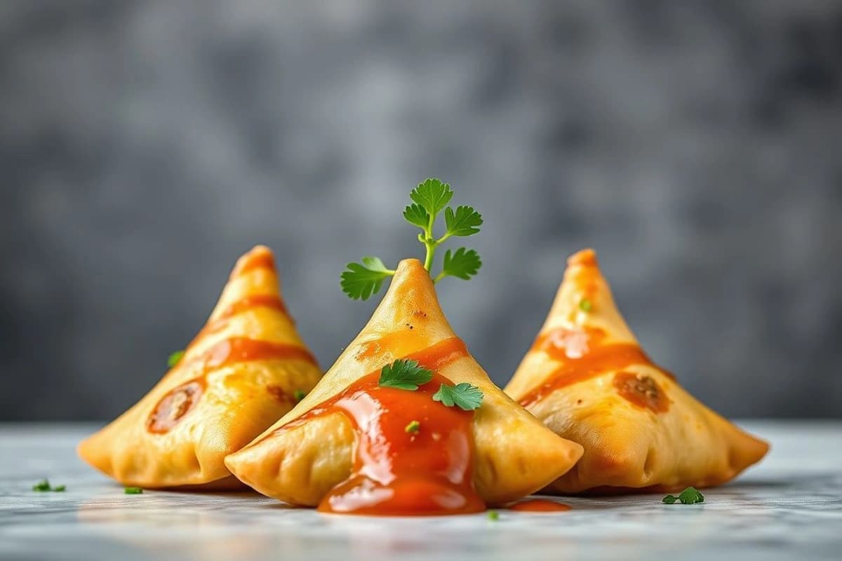 Samosas cremosas de zanahoria y brócoli, servidas con salsa de tomate fresco y cilantro