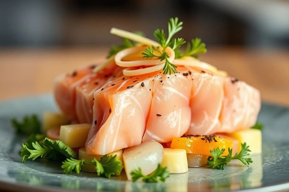 Sashimi de salmón fresco con ensalada de aguacate y pepino