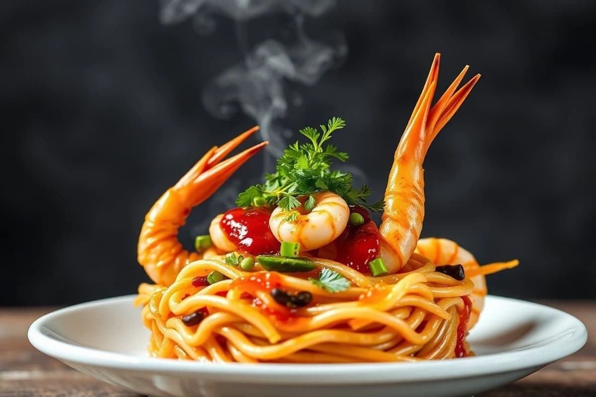 Soba al horno con gambas, champiñones asados y salsa teriyaki casera