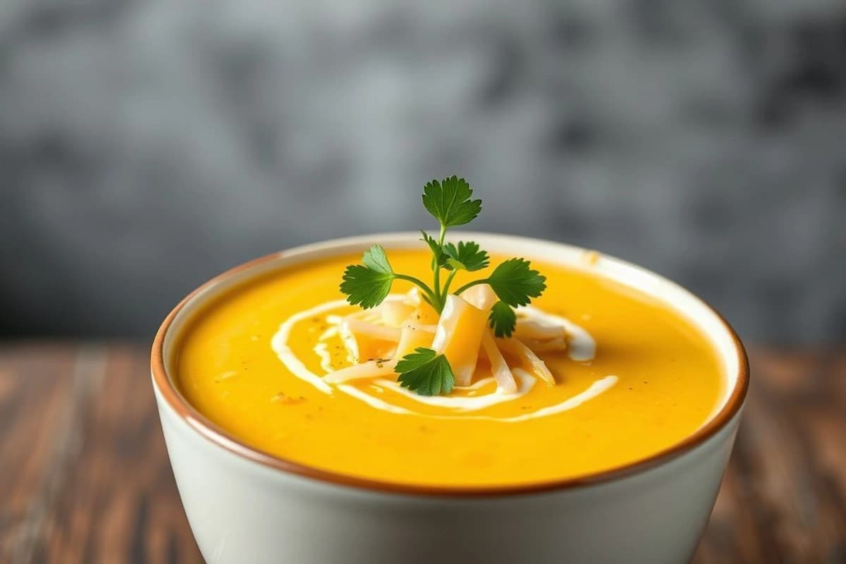 Sopa de calabacín cremosa con queso cheddar y cilantro fresco: un refugio de ensueño en un tazón