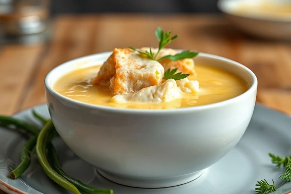 Sopa de elote cremosa paradisíaca con pollo al vapor y hierbas frescas