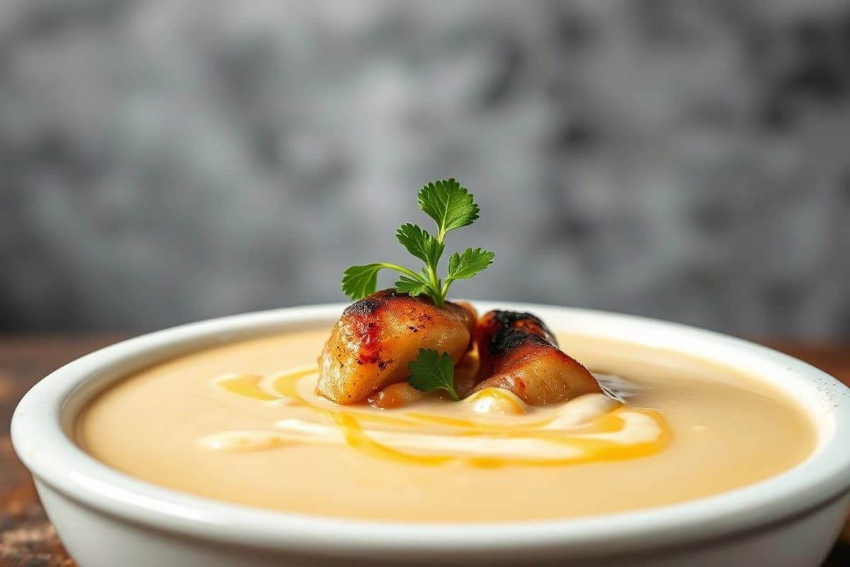 Sopa de leche de coco con cerdo asado en parrilla, coco rallado y cilantro fresco