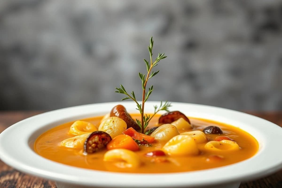Sopa de lentejas Shaun à la Provençale con champiñones salteados, zanahorias caras y pasas secas