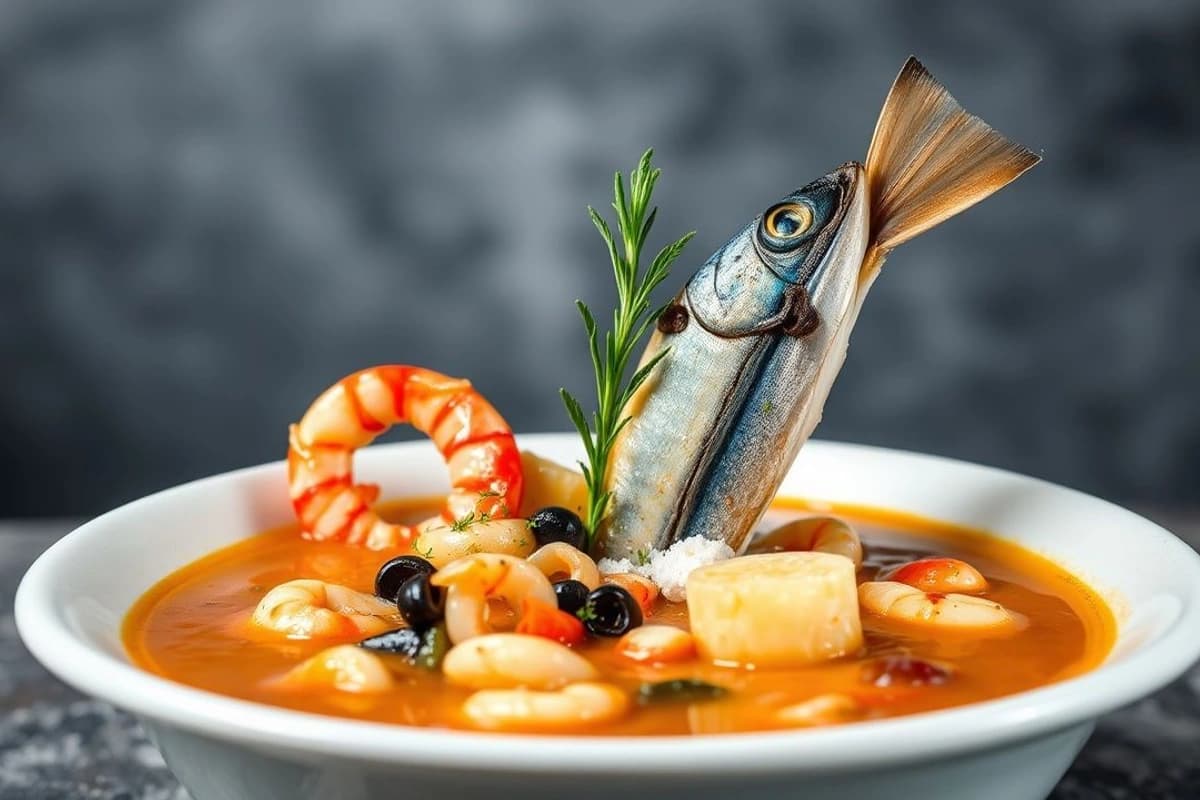 Sopa de Mariscos al Mediterráneo con Gamba Fresca y Pescado Azul