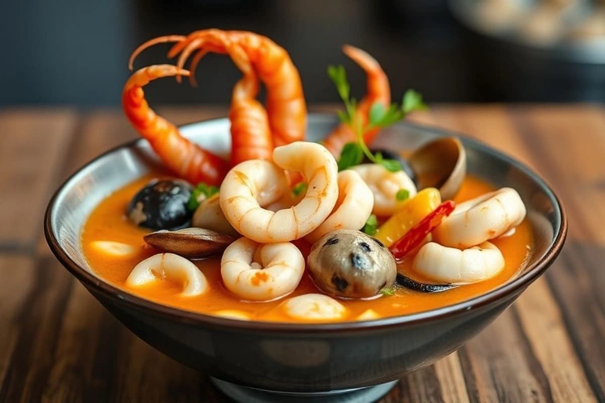 Sopa de Mariscos al Wok con Calamares, Mejillones y Gambas