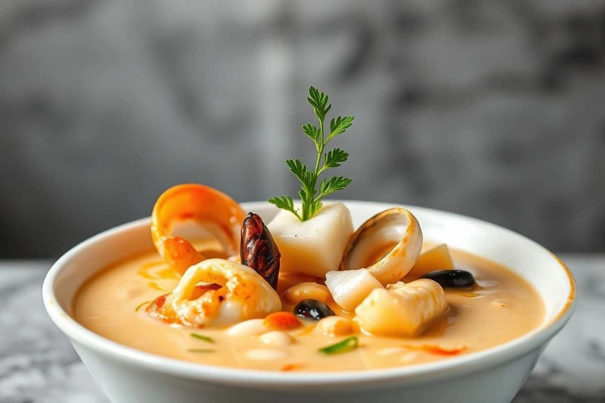 Sopa de mariscos china con tofu y soja, leche de coco y hierbas frescas