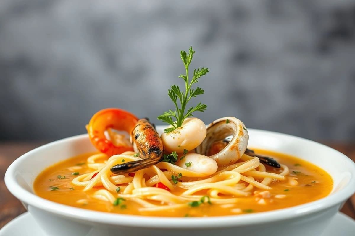 Sopa de Mariscos Tailandesa con Fideos de Arroz y Verduras Marinas Frescas