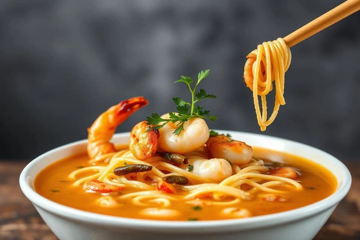 Sopa de Noodles Chinos con Caldo de Pescado y Gambas Frescas