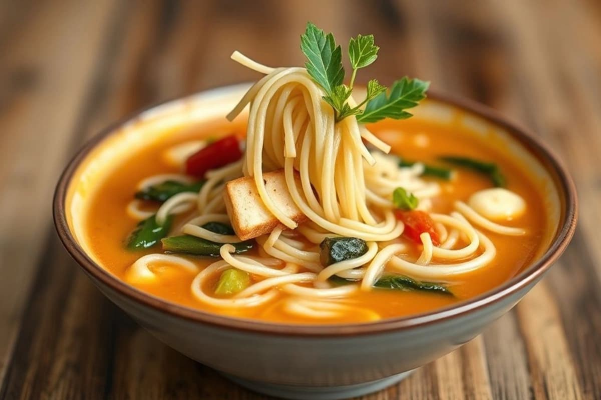 Sopa de Noodles de Tofu y Verduras con Caldo Aromático de Salsa de Soja y Tamarindo