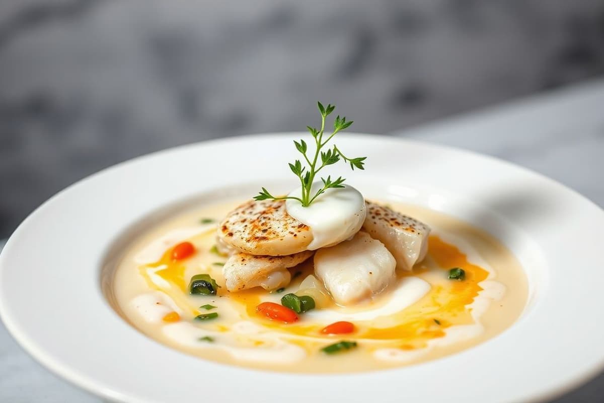 Sopa de Pescado Blanco con Verduras Asadas y Crema de Leche
