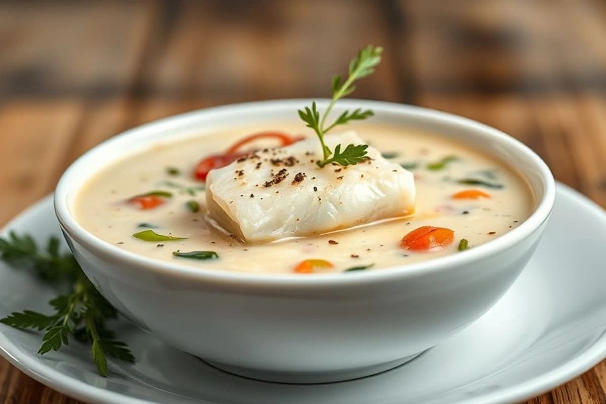 Sopa de Pescado Blanco con Verduras Frescas y Ajo Asado