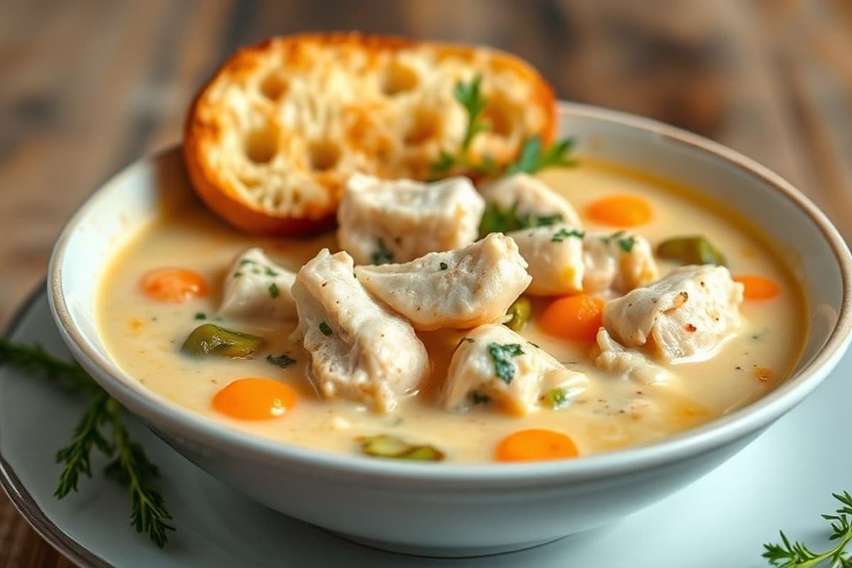 Sopa de pollo francesa cremosa con verduras, salchicha y pan crujiente
