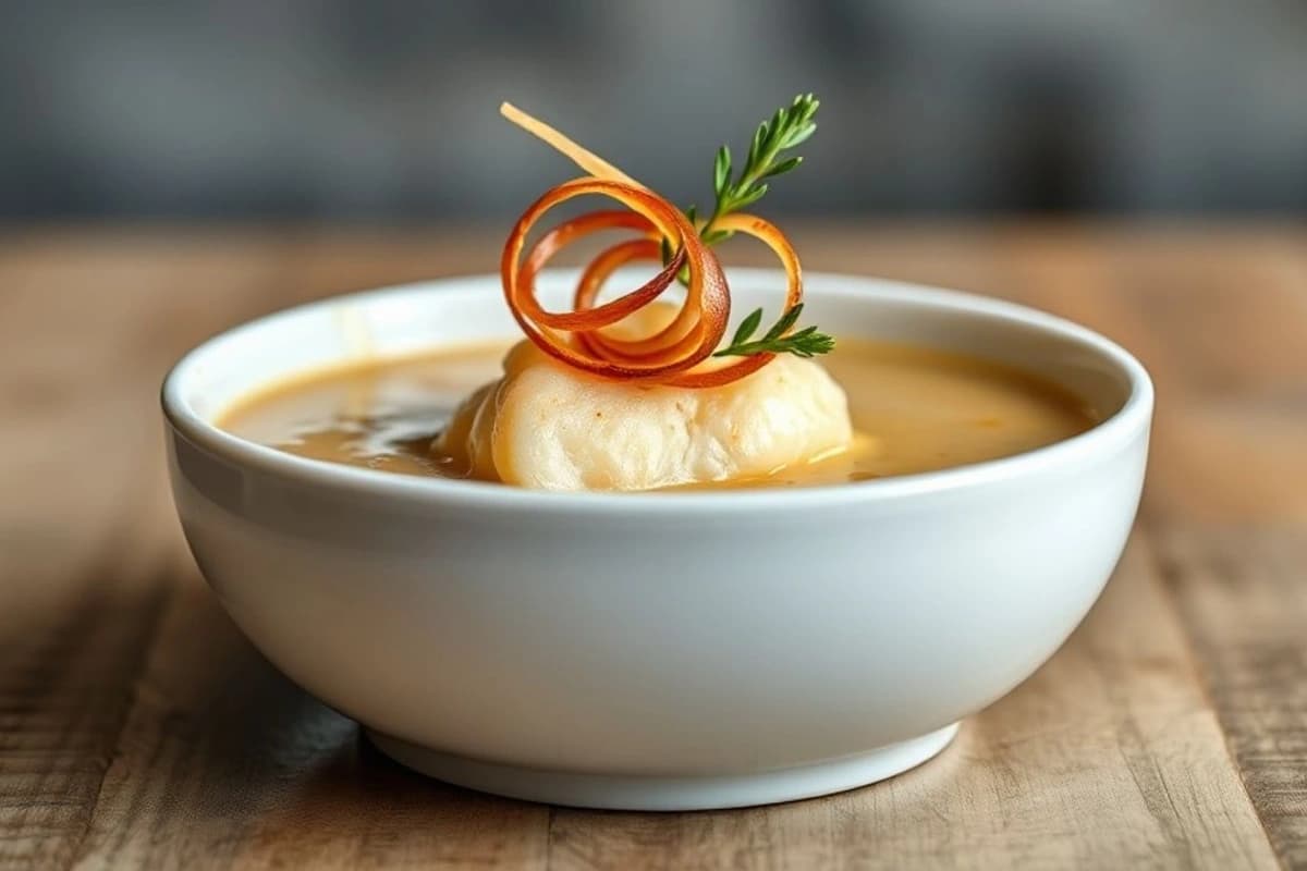 Sopa de setas y lechuga fresca con guisantes al vapor y cebolla caramelizada