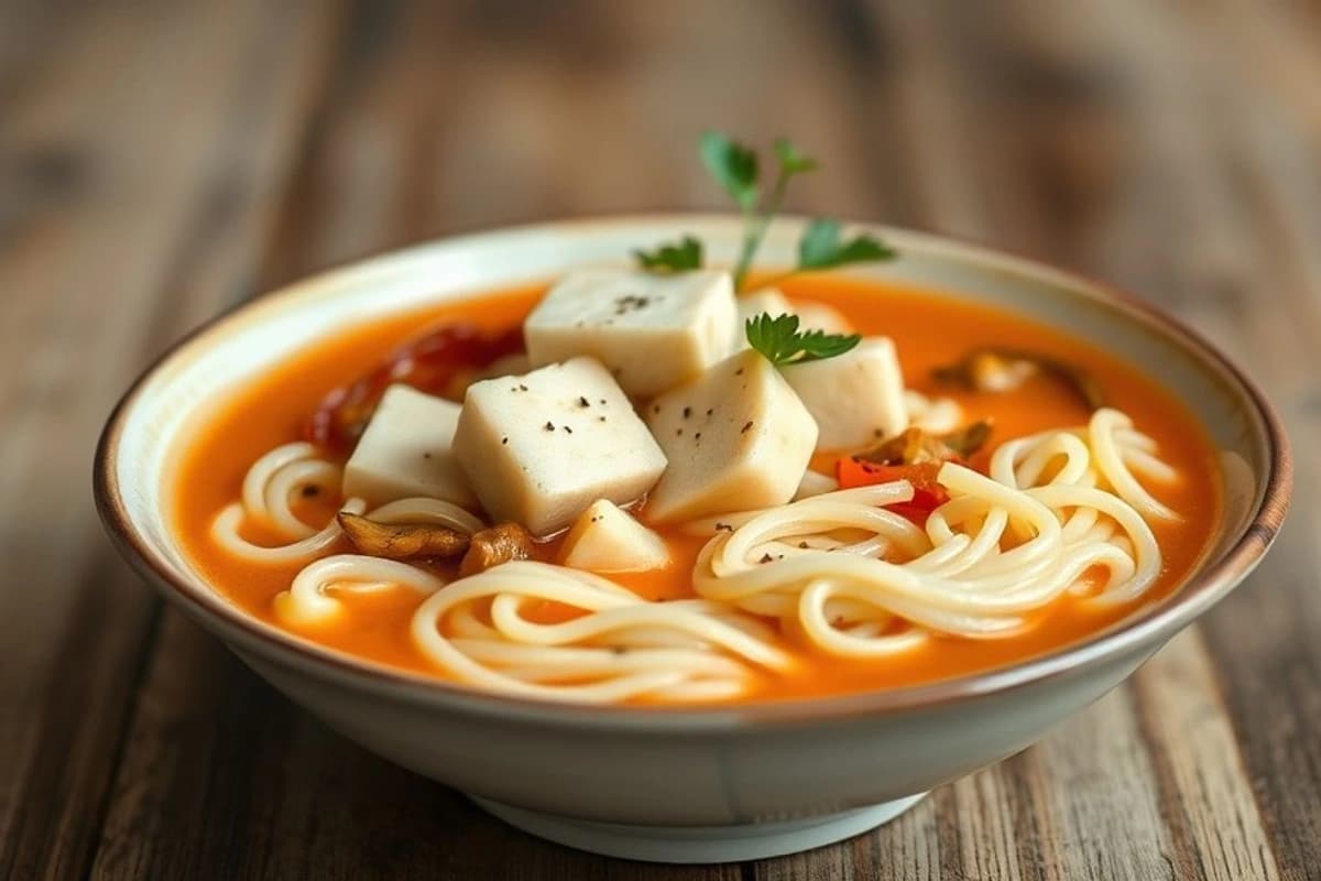Sopa de tofu y setas en salsa de soja y jengibre con fideos de arroz blanco al wok