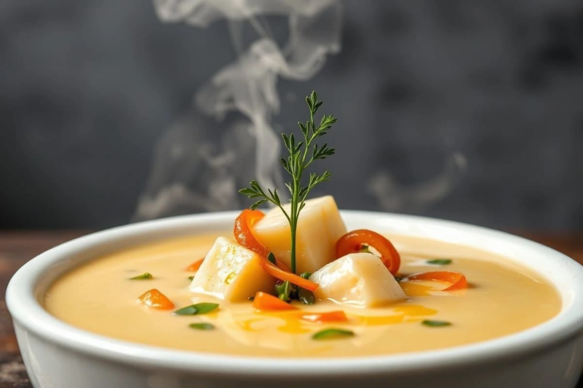 Sopa de tofu y verduras al vapor con brotes de soja y cebolla caramelizada