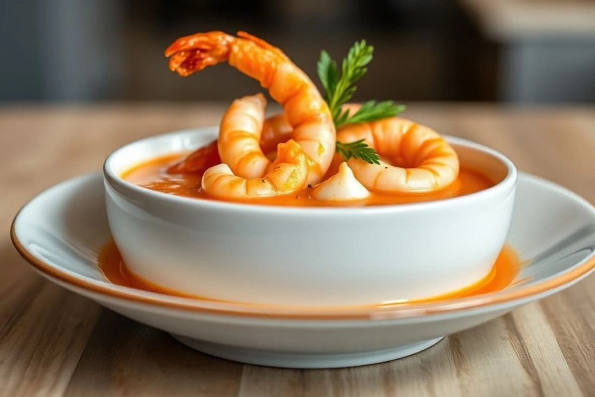 Sopa de Tomate y Leche de Coco con Gambas Frescas y Filete de Merluza Dorado