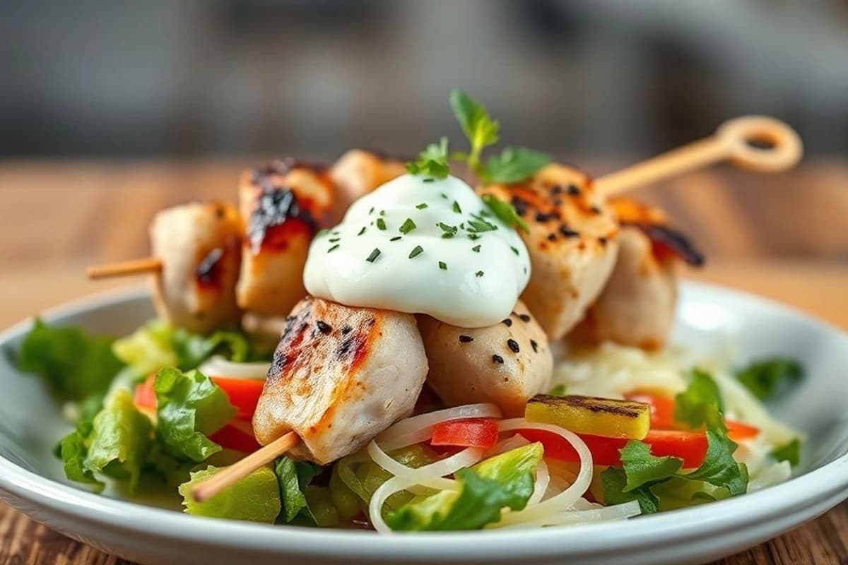 Souvlaki griego de pollo con ensalada fresca y yogur griego