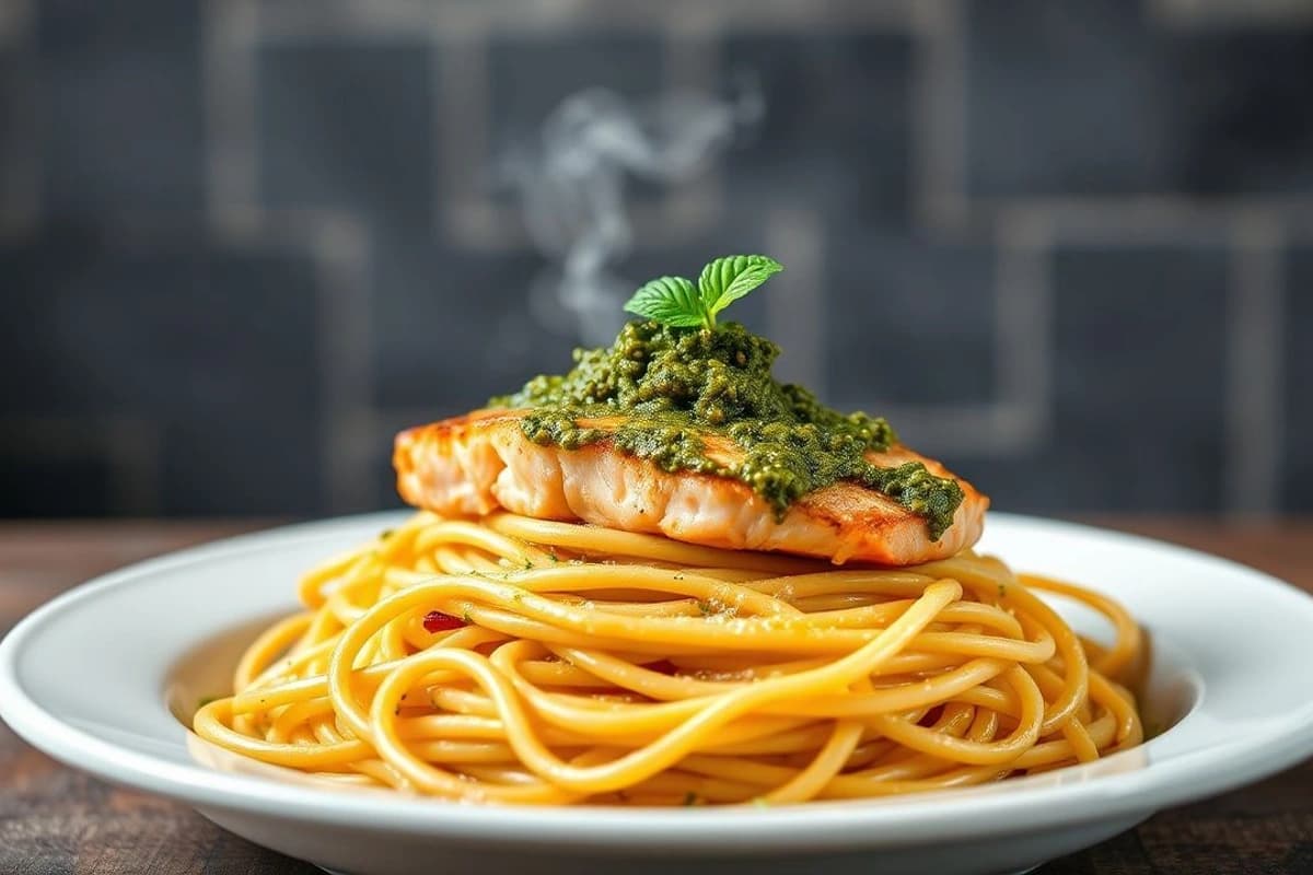 Spaghetti al gusto marinero con salmón a la parrilla, cebolla caramelizada y pesto fresco
