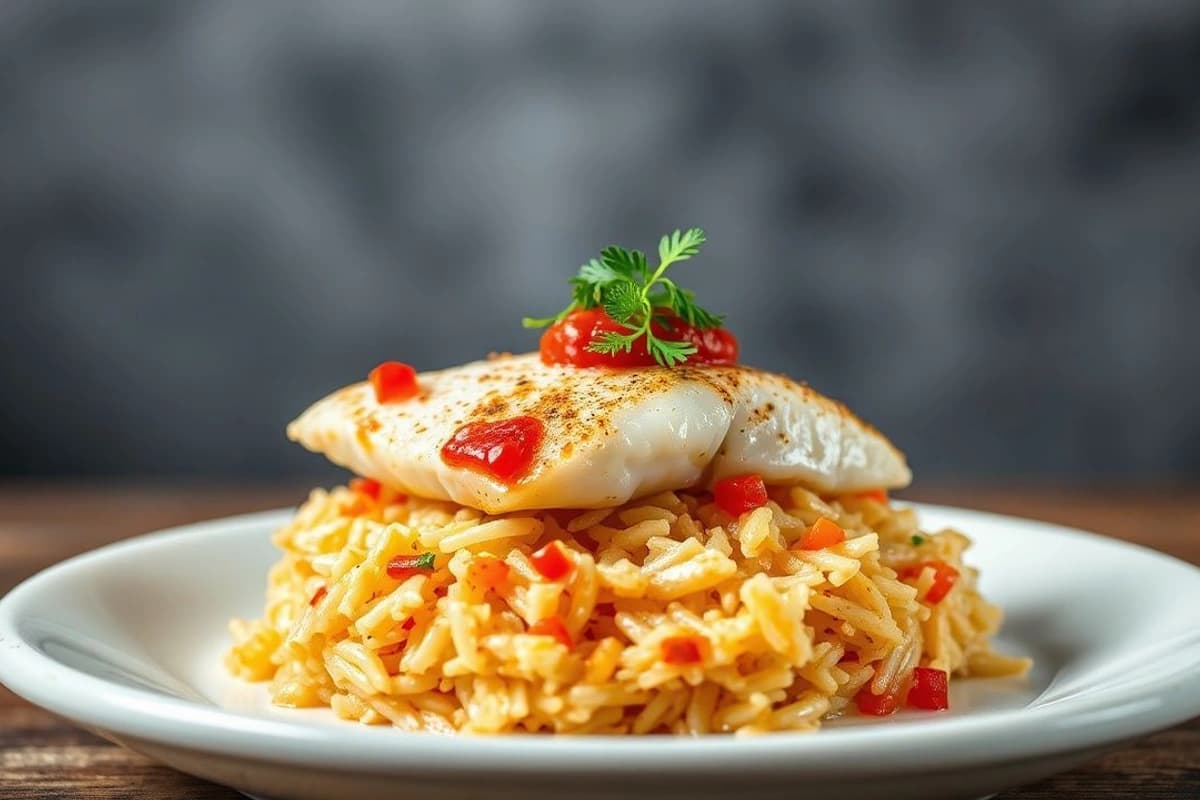 Ssam de Pescado Blanco Coreano con Salsa de Kimchi Picante y Arroz de Bambú Tostado