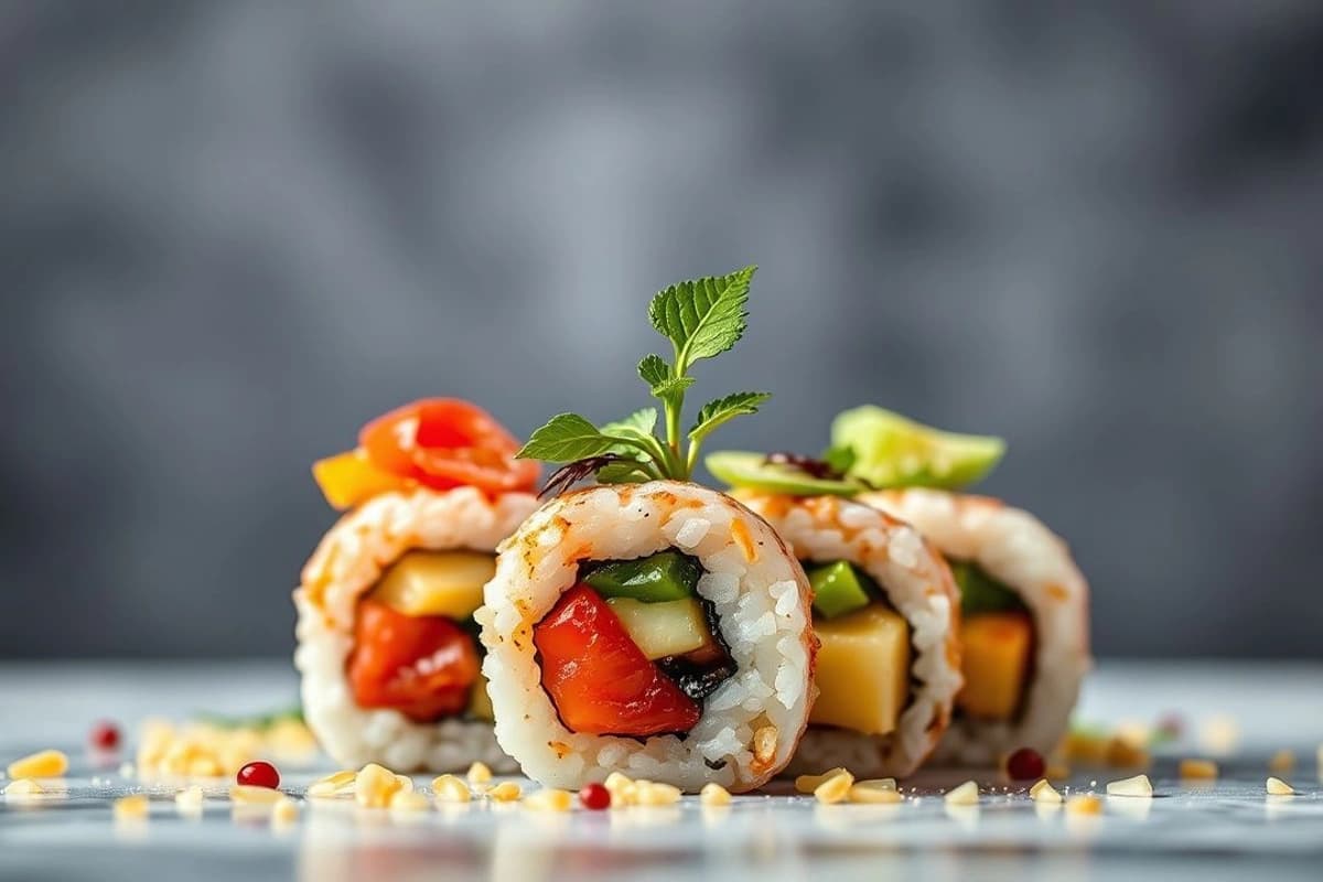 Sushi de colores con verduras frescas y granos de arroz integral